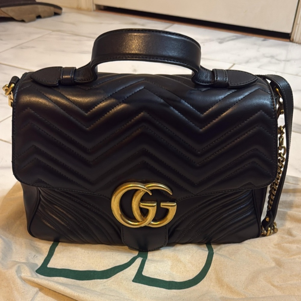 Gucci Black Chevron Shoulder Bag with Gold Hardware